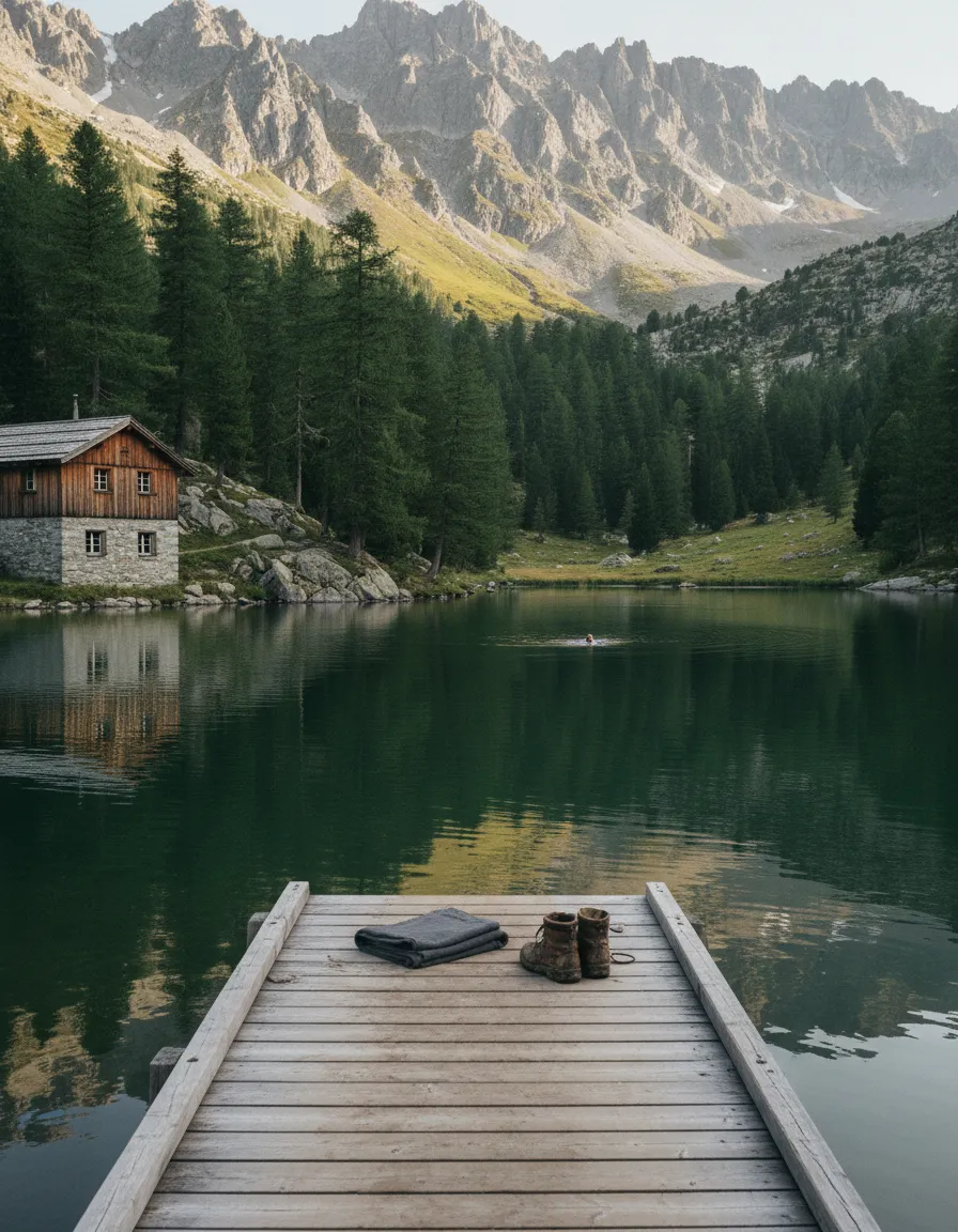A wooden jetty on a dark green forest lake with a towel and hiking boots, a swimmer far out in the water