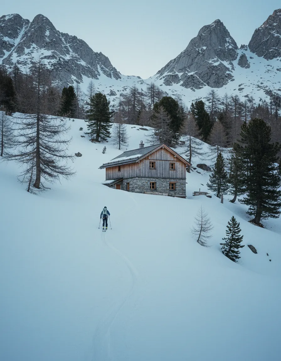 A ski tourer seen from behind climbing a skin track between larch trees toward a granite ridge