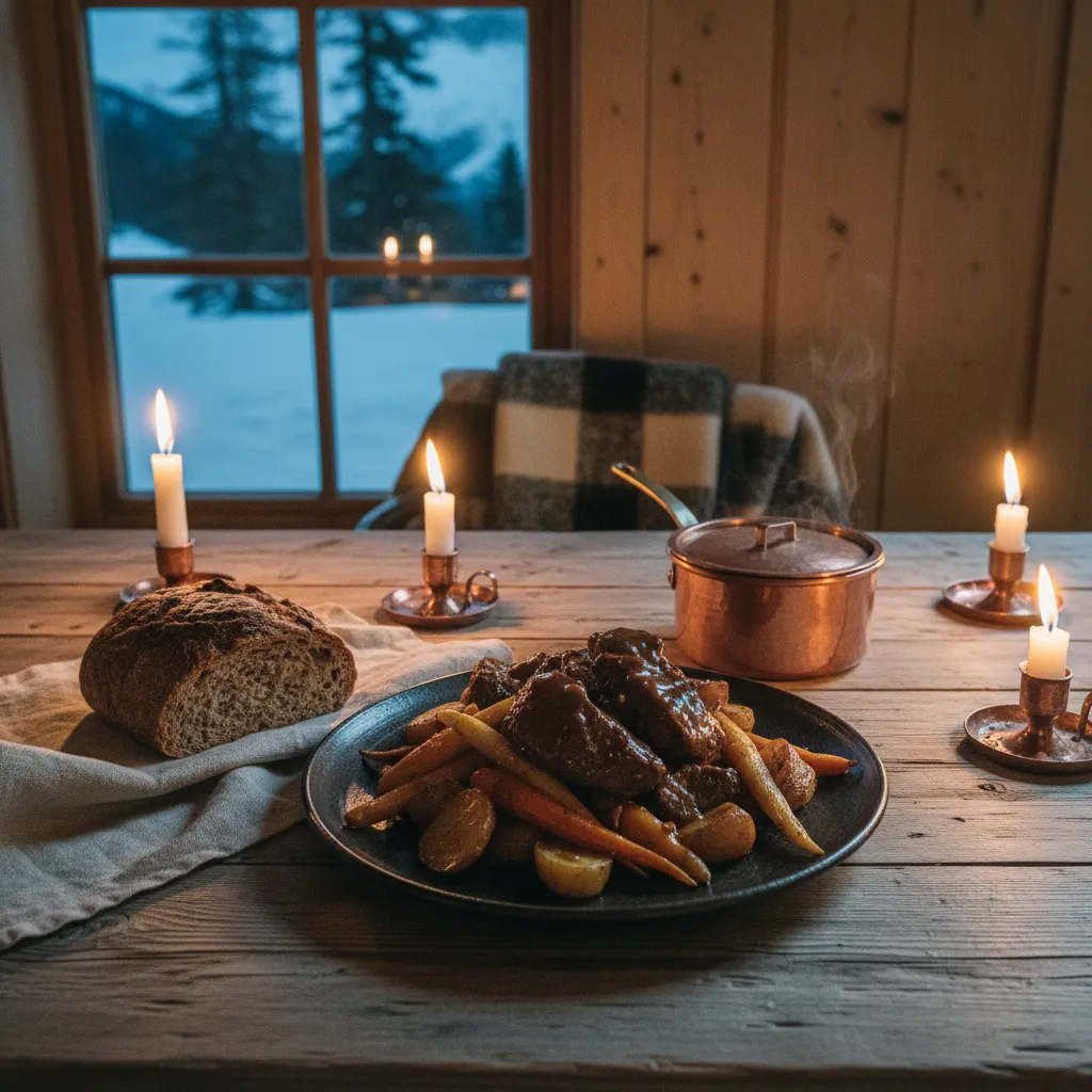 Braised venison with root vegetables and juniper sauce on a dark stoneware plate beside rye bread and a copper pot