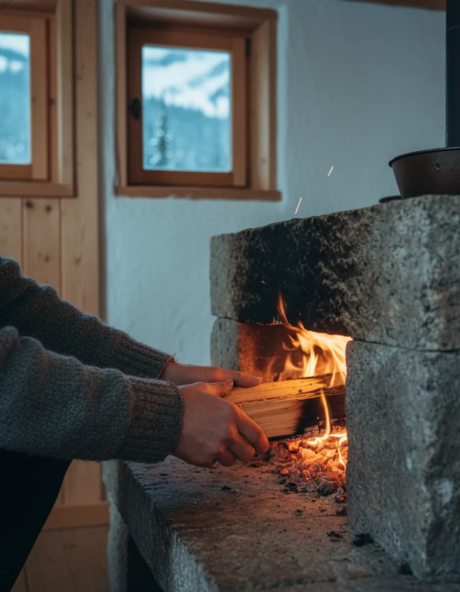 Hands in a grey wool jumper placing a split larch log on the embers of a granite hearth