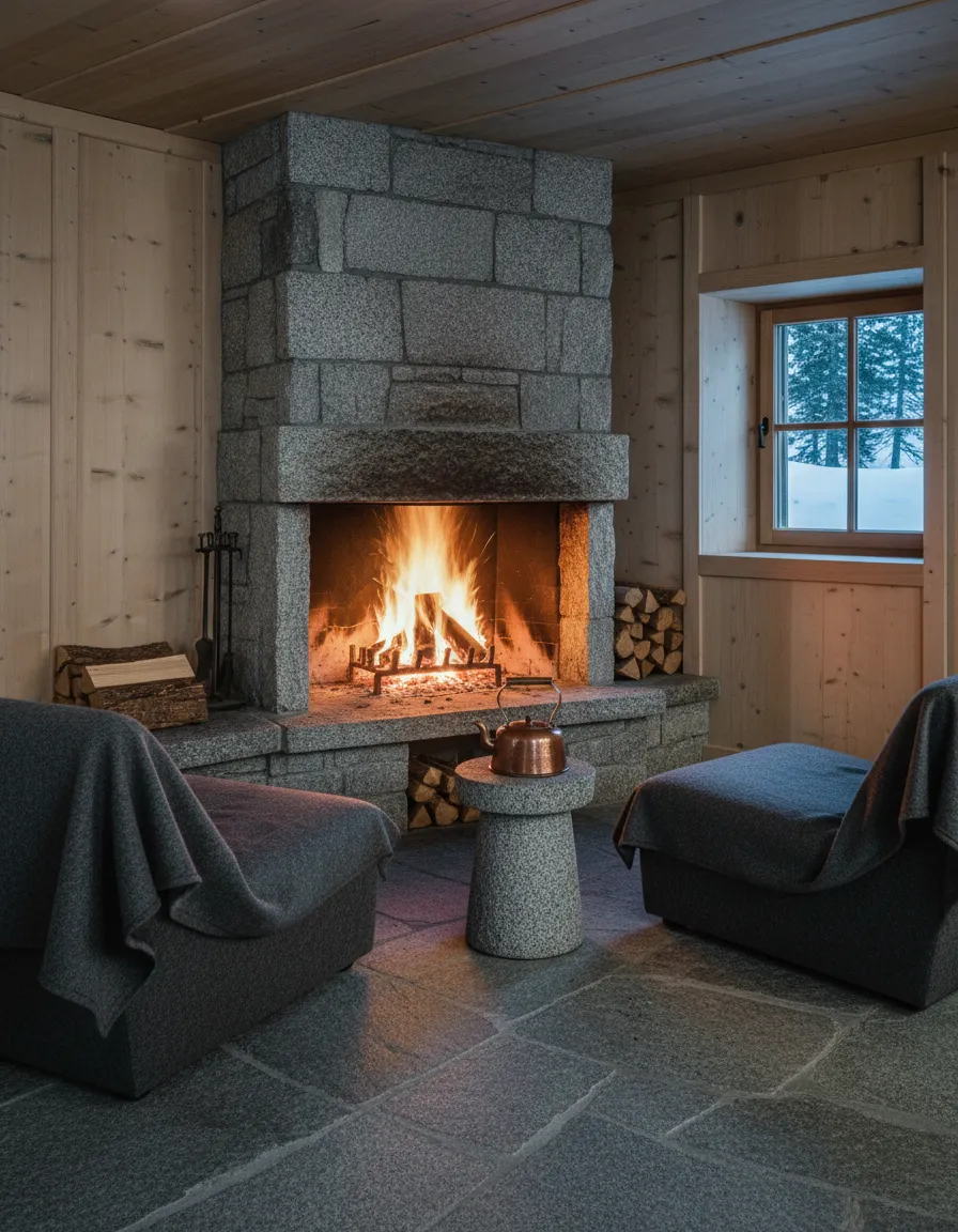 A wide granite hearth with a log fire, two low armchairs with charcoal wool blankets and a copper kettle