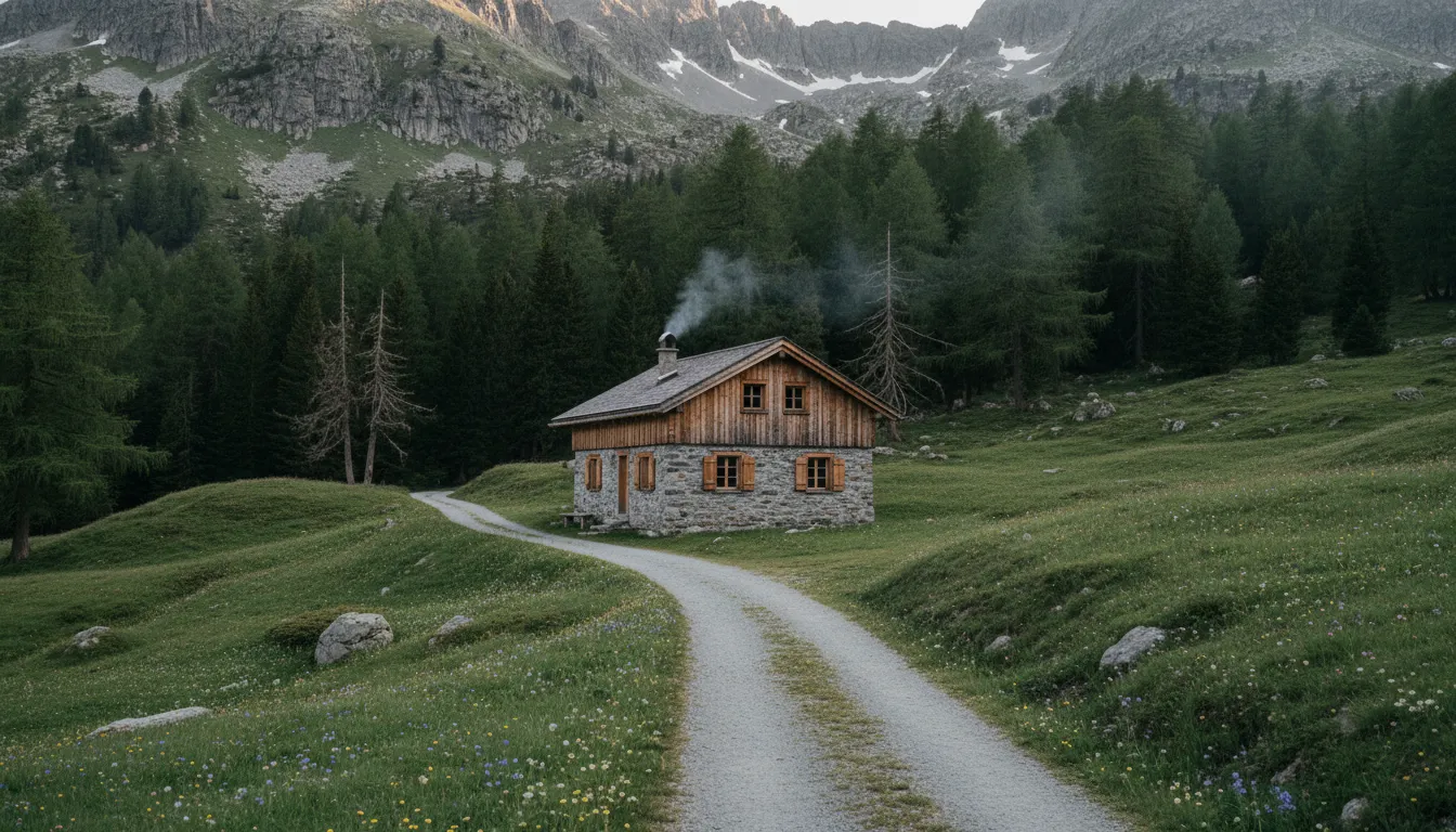 Chesa Larsch on a summer evening, the house alone among green meadows and larch forest under granite peaks