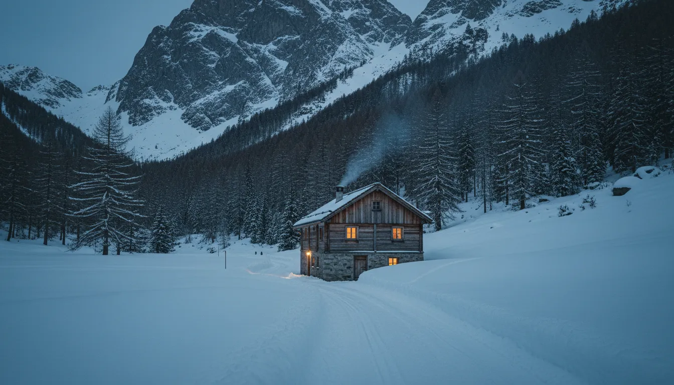 Chesa Larsch at dusk, a larch and granite house alone in deep snow with lit windows and smoke rising from the chimney
