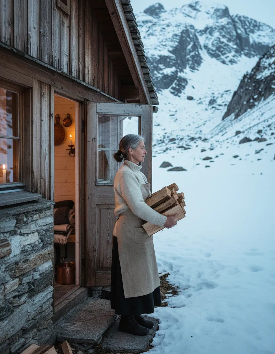 Ursina Tönett in the open larch door with an armful of split logs, looking out at the snowy valley