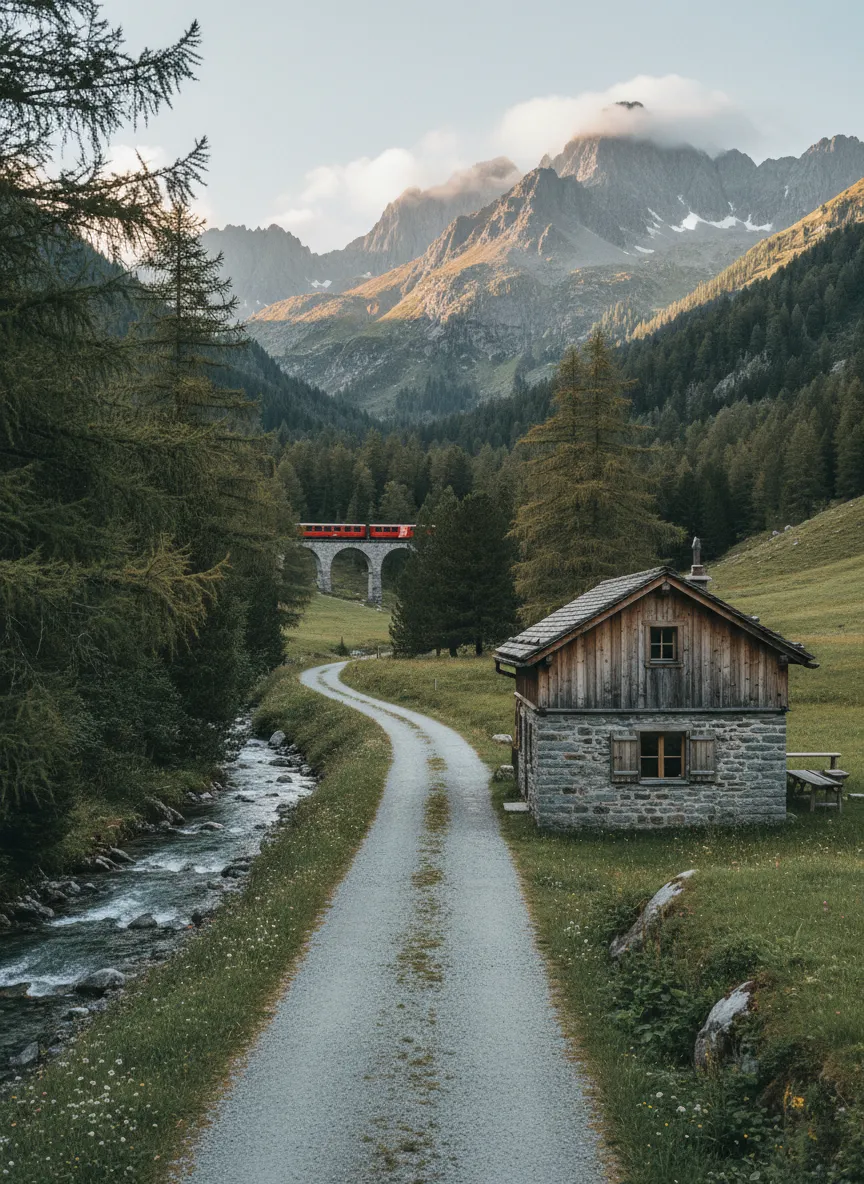 The gravel road into Val Bever beside a mountain stream, with a red train crossing a stone viaduct in the distance