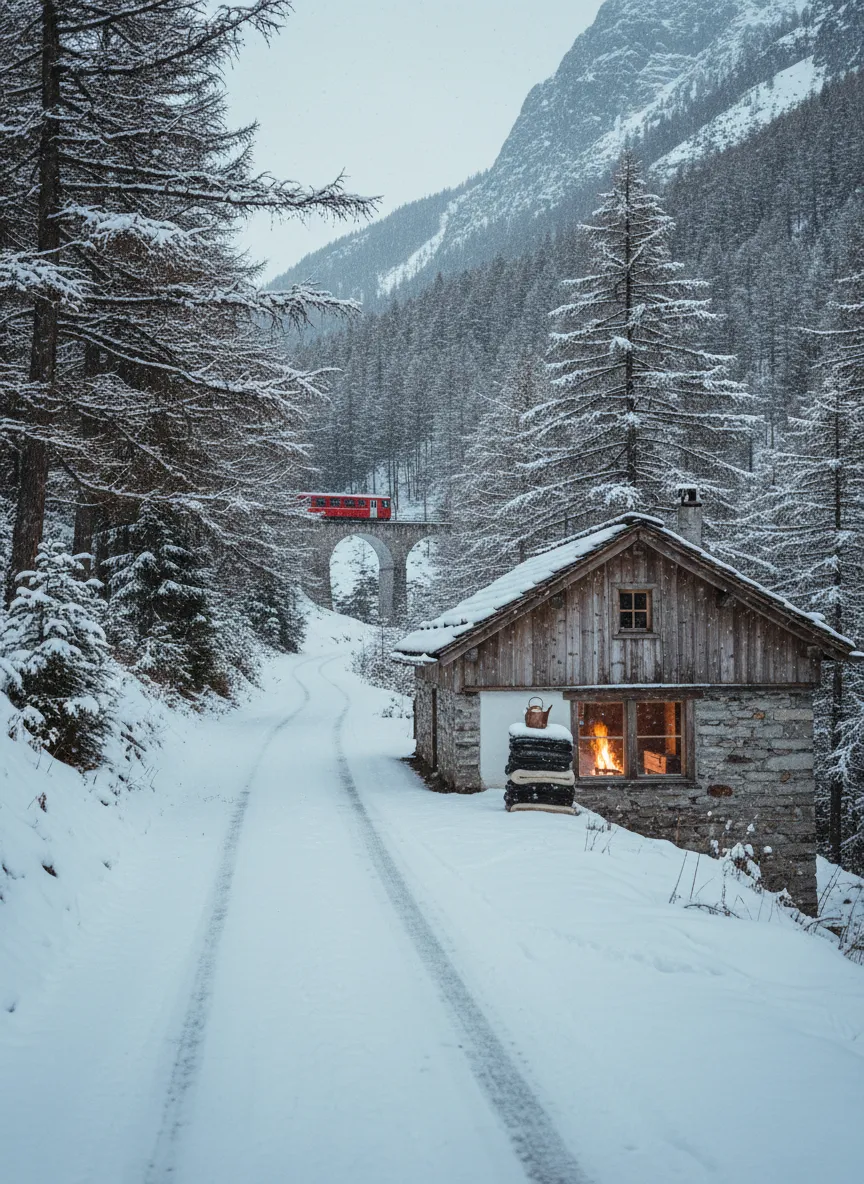 The snow-covered road into Val Bever between larch trees, with a red train crossing a stone viaduct in the distance