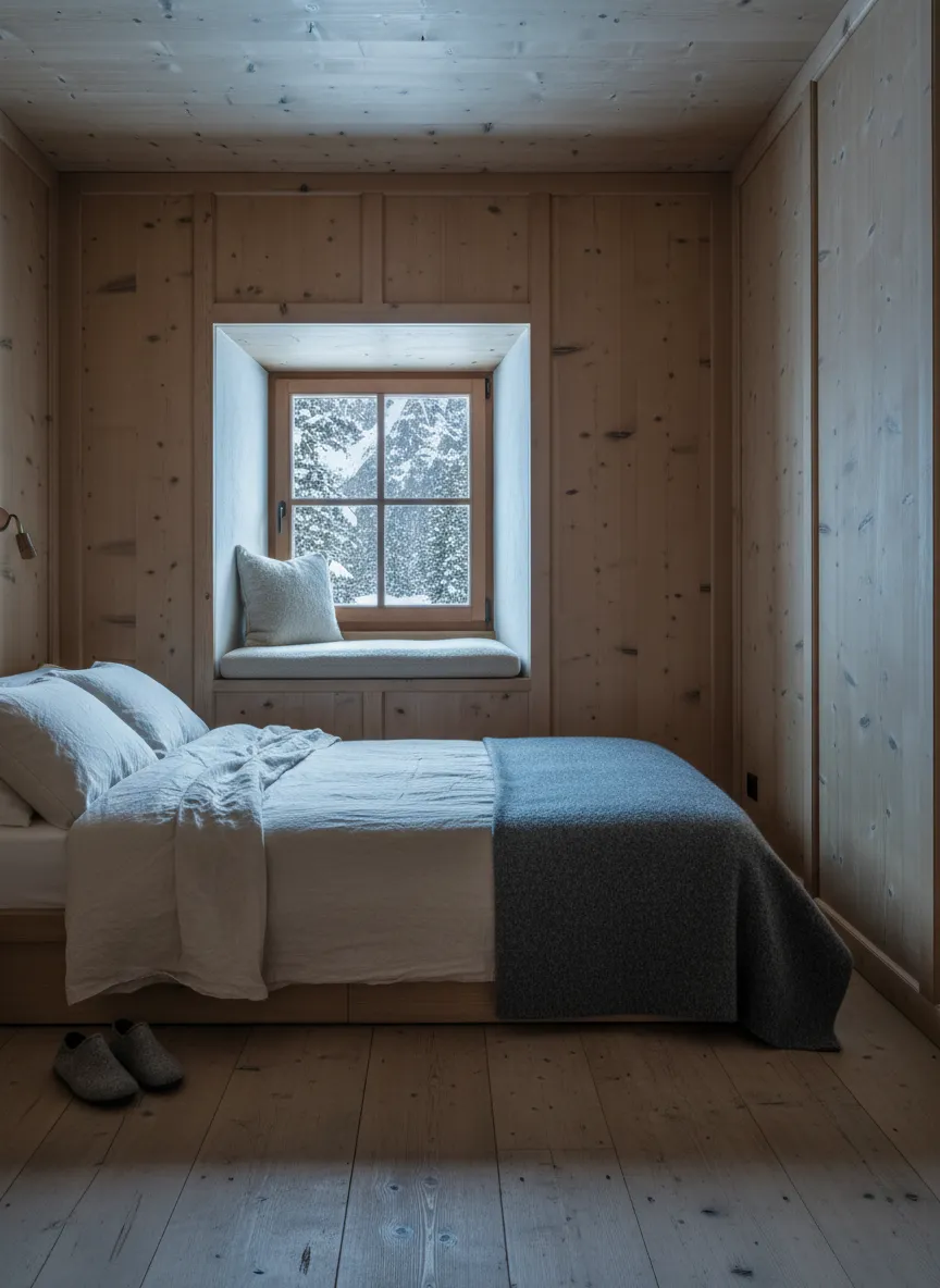 A small bedroom panelled in pale stone pine with a low bed, a charcoal wool blanket and a deep window seat looking onto snowy larch forest