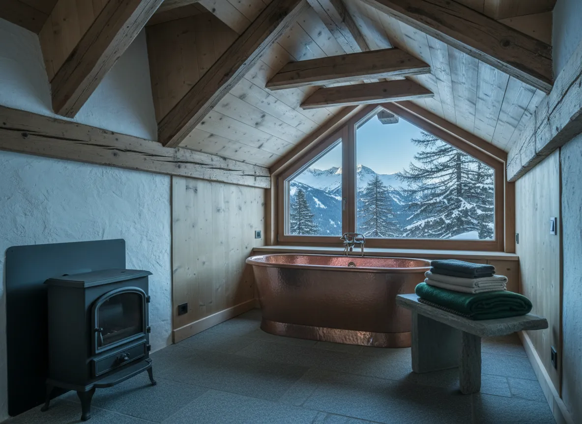 An attic suite under larch beams with a hammered copper bathtub beside a low window onto snowy peaks and a small iron stove