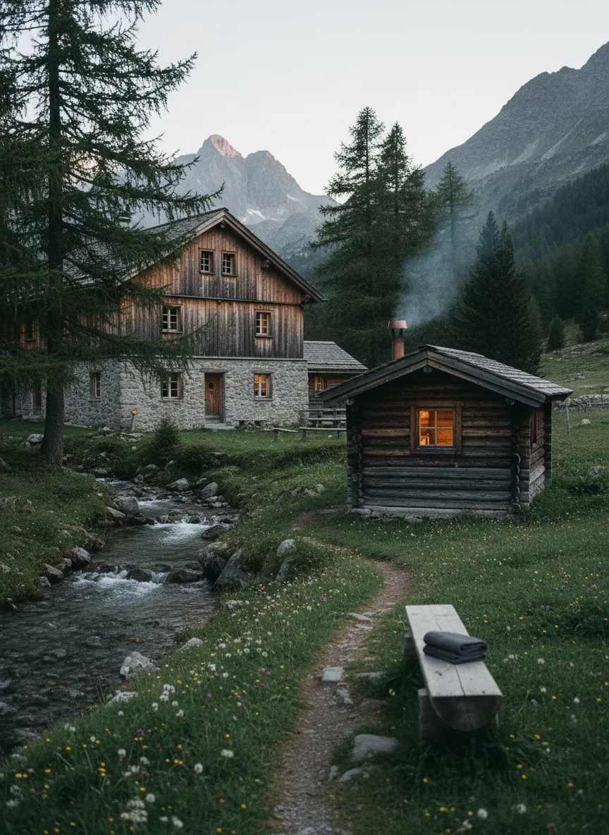 The larch-log sauna hut with a lit window beside a mountain stream, the house behind it among meadows and larches