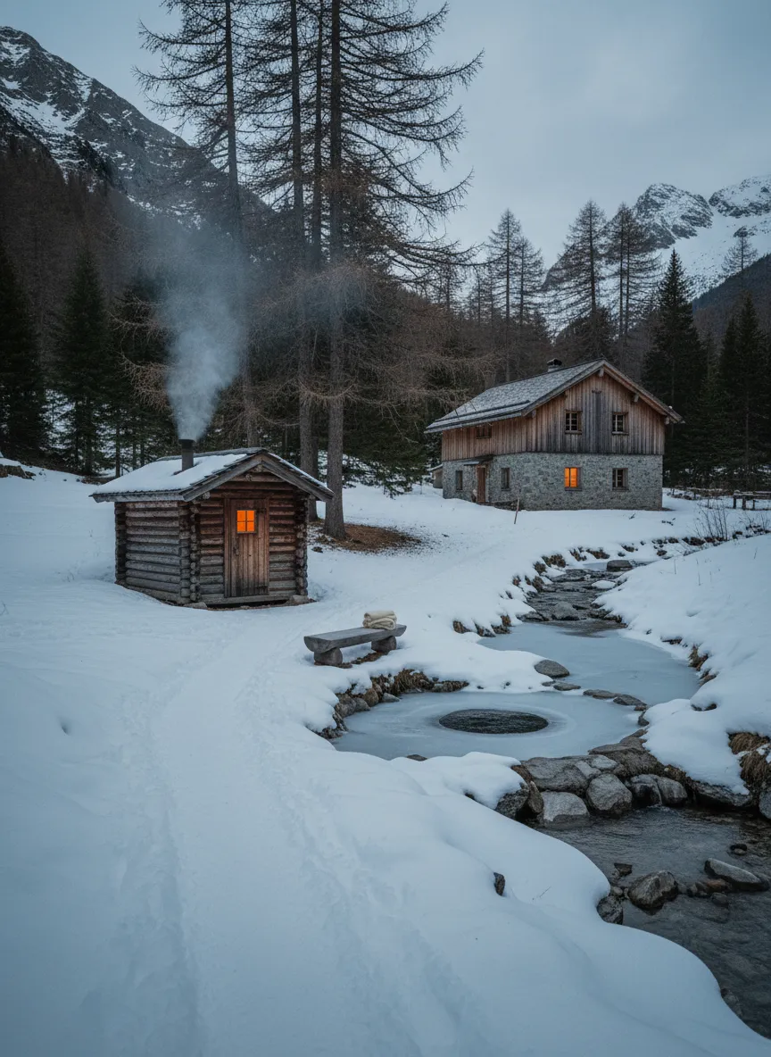 A small larch-log sauna hut steaming at dusk at the edge of the forest beside a frozen stream