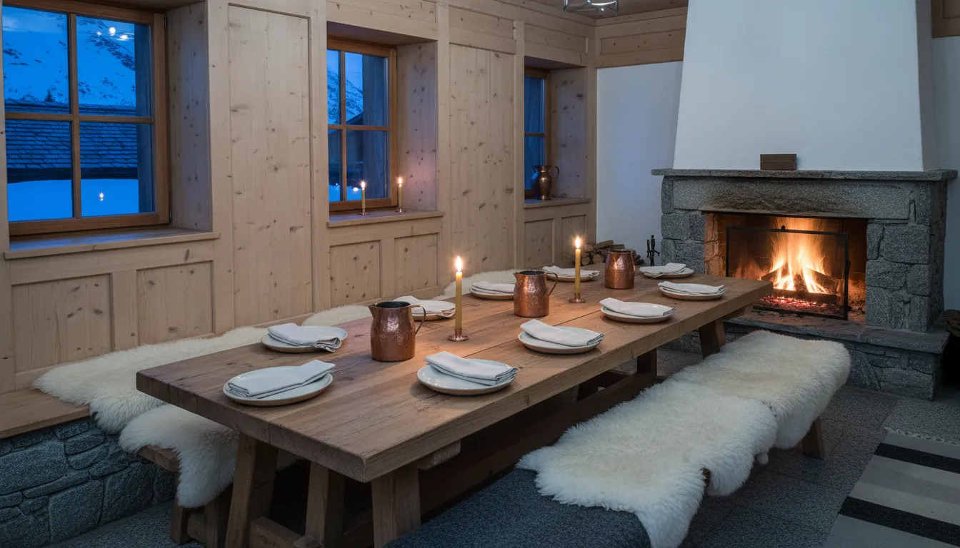 A long larch table set with stoneware, linen and beeswax candles, the fire glowing at the far end of the room